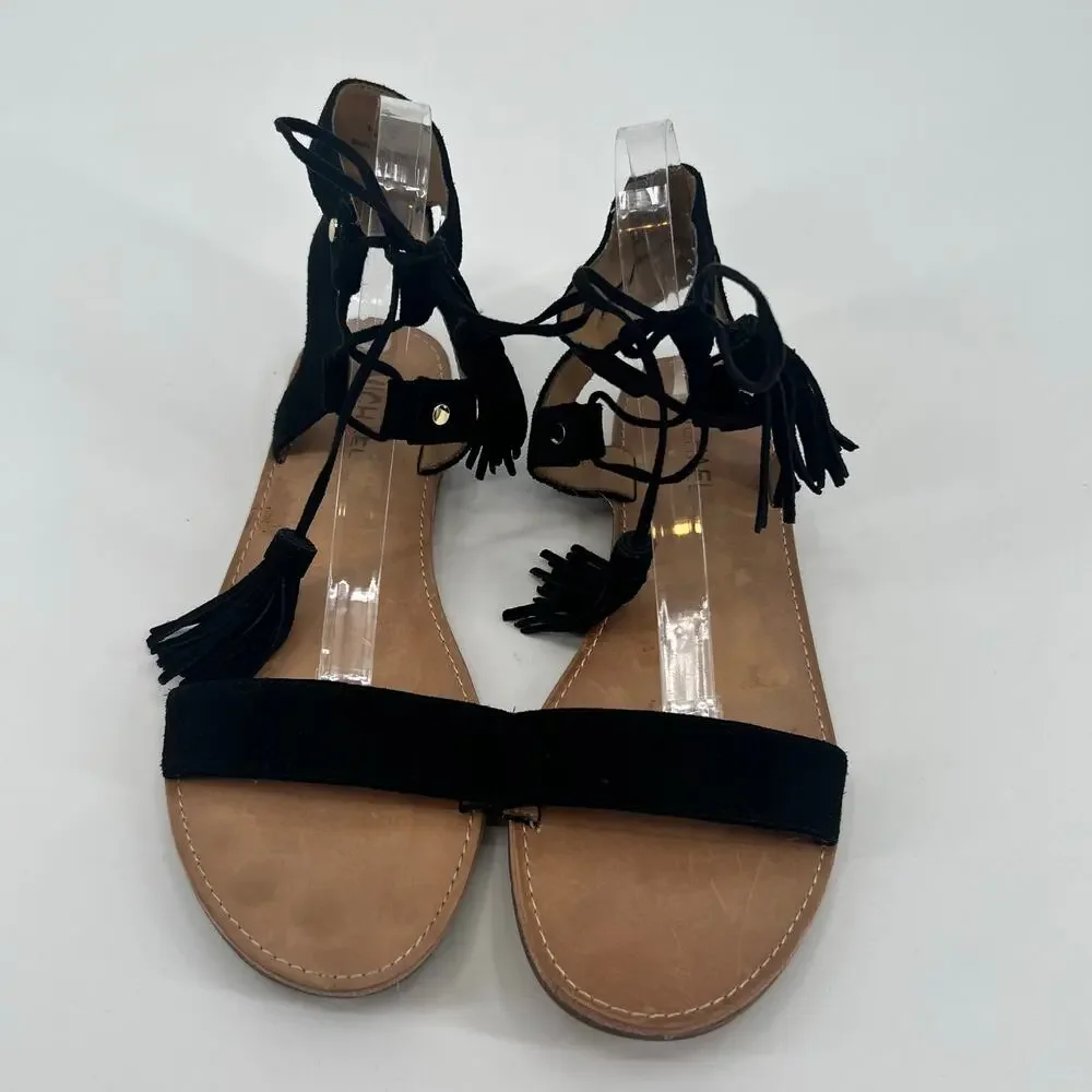 Michael Kors leather black fringe tassel ankle tie up gladiator sandals Lizzi 11